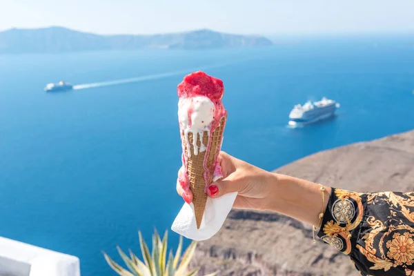 Ice Cream Waffle Cone Woman Hand Background Santorini Island Caldera — Stock Photo, Image