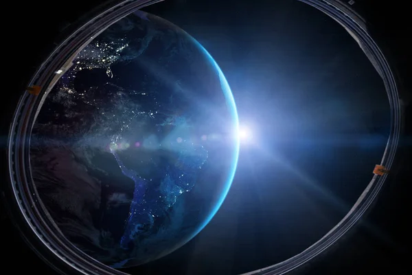 View Porthole Space Station Earth Background Elements Image Furnished Nasa — Stock Photo, Image