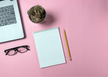 Yaratıcı düz Fotoğraf çalışma alanı masa laptop, Gözlük, kaktüs ve defter kopyalama alanı arka plan ile yatırın. En az konsept Sanat.