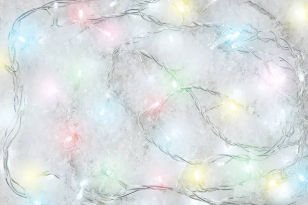 Winter Achtergrond Samenstelling Met Decoratieve Sneeuw Nieuwjaar Lichten Minimale Kerstmis — Stockfoto