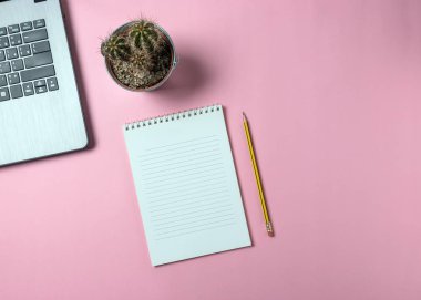 Yaratıcı düz Fotoğraf çalışma alanı masa laptop, kalem, kaktüs ve defter kopyalama alanı arka plan ile yatırın. En az konsept Sanat.