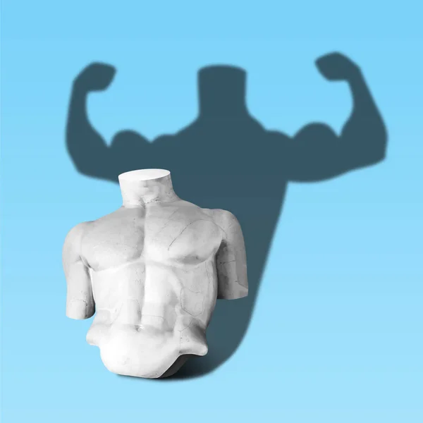 Corps Statue Avec Ombre Bodybuilder Sur Fond Bleu Concept Fantaisie — Photo