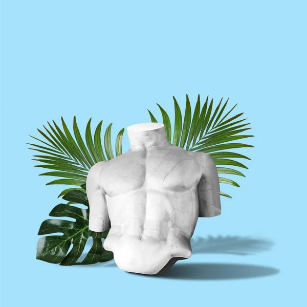 Kroppen Statyn Med Palm Lämnar Blå Bakgrund Minimalistisk Konst Fantasy — Stockfoto