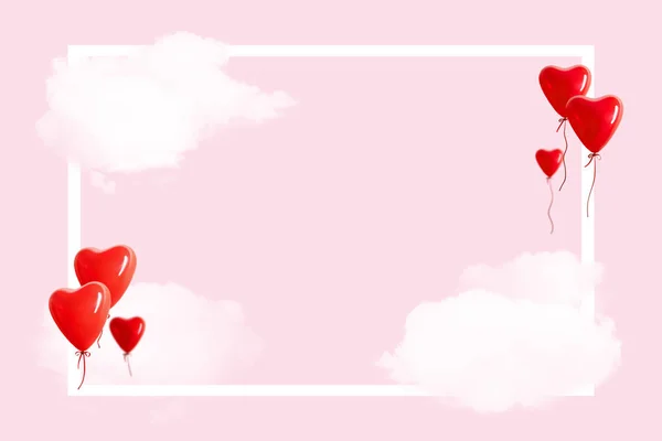 Heart shaped balloons with beautiful aerial clouds on pink background. Love concept.