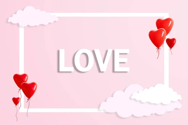Srdíčkové Balónky Krásné Vzdušné Mraky Růžovém Pozadí Láska Koncept — Stock fotografie