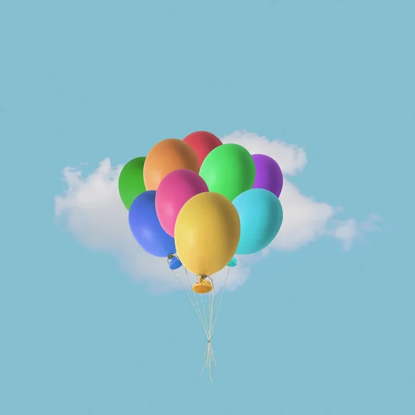 Bando colorido de ovos de Páscoa balões com nuvem branca no céu azul. Conceito criativo mínimo . — Fotografia de Stock