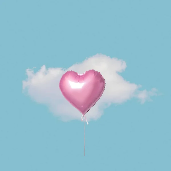 Roze hart ballon met witte wolk op blauwe hemel. Minimale liefde concept. — Stockfoto