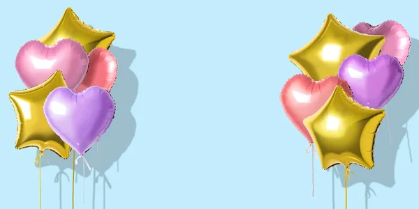 Muitos balões de folha de hélio coloridos de diferentes formas sobre fundo brilhante. Conceito de férias mínimas . — Fotografia de Stock
