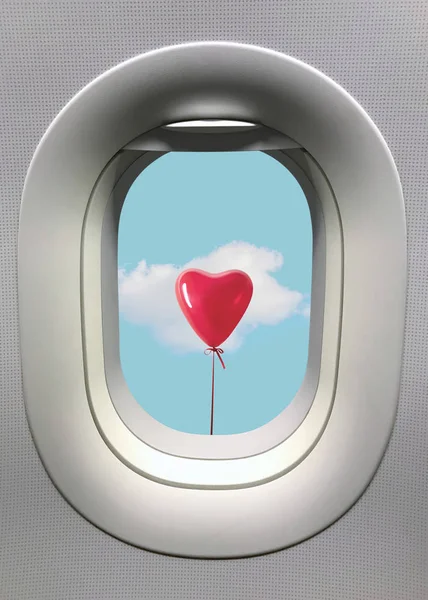 Patrijspoort venster met rood hart ballon met witte wolk op blauwe hemel. Minimale liefde concept. — Stockfoto