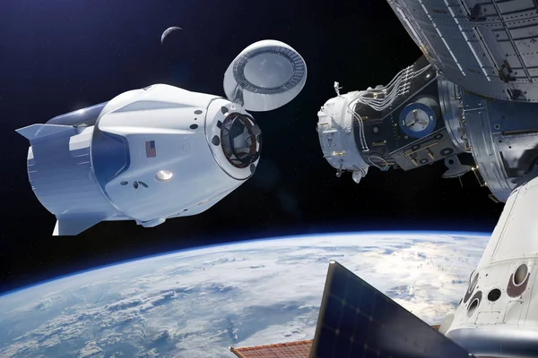 Nave espacial de carga en órbita terrestre baja. Elementos de esta imagen proporcionados por la NASA . — Foto de Stock