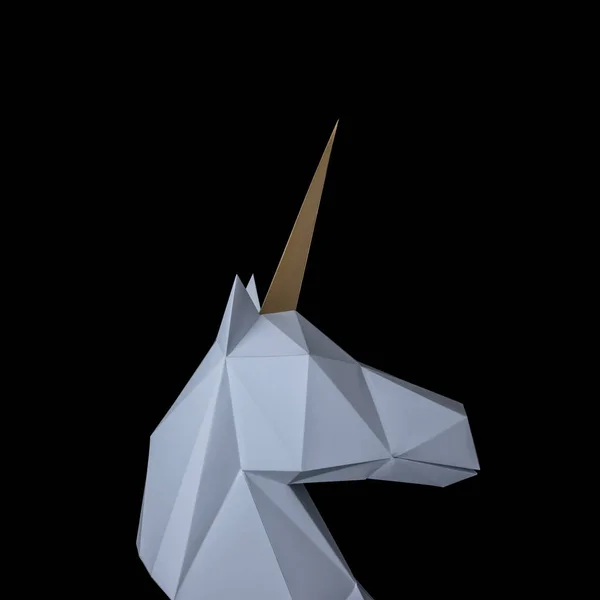 Vita 3d pappersmodell modell unicorn huvud på svart bakgrund. Minimalistisk konst koncept. — Stockfoto