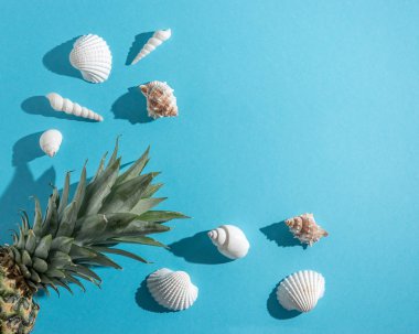 Deniz kabuklarını ve ananas pastel mavi zemin üzerine yaratıcı kompozisyonu. Yaz en az kavramı.