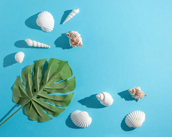 Composizione creativa con conchiglie e foglia di palma tropicale su sfondo blu pastello. Concetto estate minima . — Foto Stock
