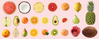 Çeşitli sebze ve meyveler, pembe arka plan izole. Yiyecek vegan kavramı.