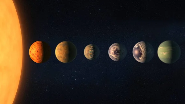 Diferentes planetas con gran Sol en el espacio exterior. Elementos de esta imagen proporcionados por la NASA . — Foto de Stock
