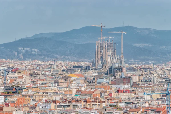 Aerial panoramic view of Barcelona city skyline and Sagrada familia in Spain. — Stock Photo, Image