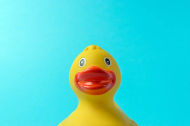 Mavi arka planda sarı plastik ördek. Yaz asgari kavramı.