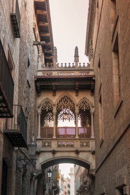 Barcelona, İspanya'nın Barri Gotic çeyreğinde binalar arasında köprü görünümü.