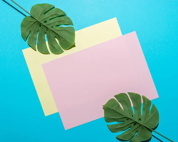 热带棕榈叶和鲜艳的纸牌在明亮的蓝色背景。最少的夏季成分。平铺. — 图库照片