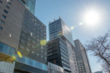 Gökyüzü arka planda cam cepheli modern ofis binası.