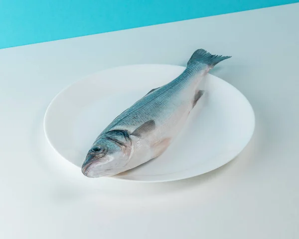 用白盘喂新鲜的鲈鱼 最低限度食物概念 — 图库照片