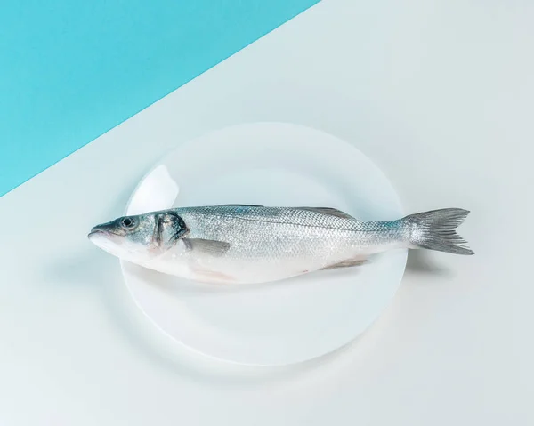 Peixe Marinho Fresco Cru Num Prato Branco Conceito Mínimo Comida — Fotografia de Stock