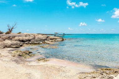 Elafonisi Yunanistan 'da tropikal plajlı yaz arkaplanı. Tatil ve seyahat kavramı.