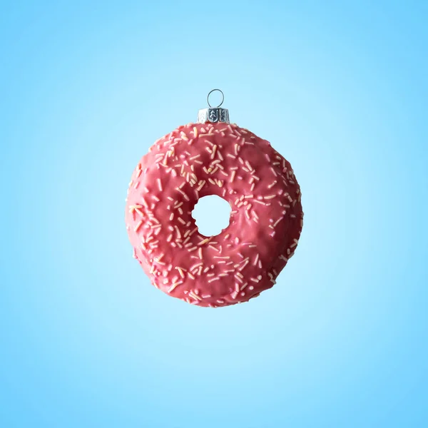 Christmas Bauble Decoration Made Pink Doughnut Blue Background Minimal New — Stock Photo, Image