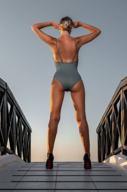 Küçük bir köprüde poz veren mayolu muhteşem bir manken. Moda yaz konsepti.