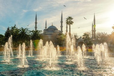Mavi Cami ya da Sultanahmet Camii gün batımına karşı çeşmeli. İstanbul, Türkiye.