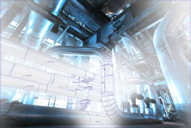 Tel kafes bilgisayar cad tasarım kavramı görüntü. Endüstriyel boru Fabrikası çizim, akıllı bitki çözüm IDE ile kombine