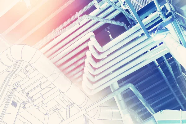 wireframe computer cad design concept image. industrial piping in the factory combined with drawing, smart plant solution ide