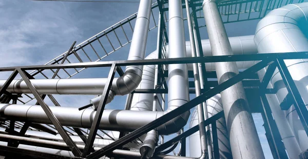 Industrial Zone Steel Pipelines Valves Blue Sky — Stock Photo, Image