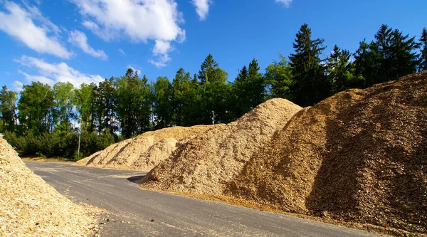 Lagerung Von Holzbrennstoffen Biomasse Vor Blauem Himmel — Stockfoto