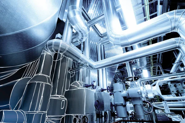 Modern Ipari Energiatervben Található Berendezések Kábelek Csővezetékek Vázlata — Stock Fotó