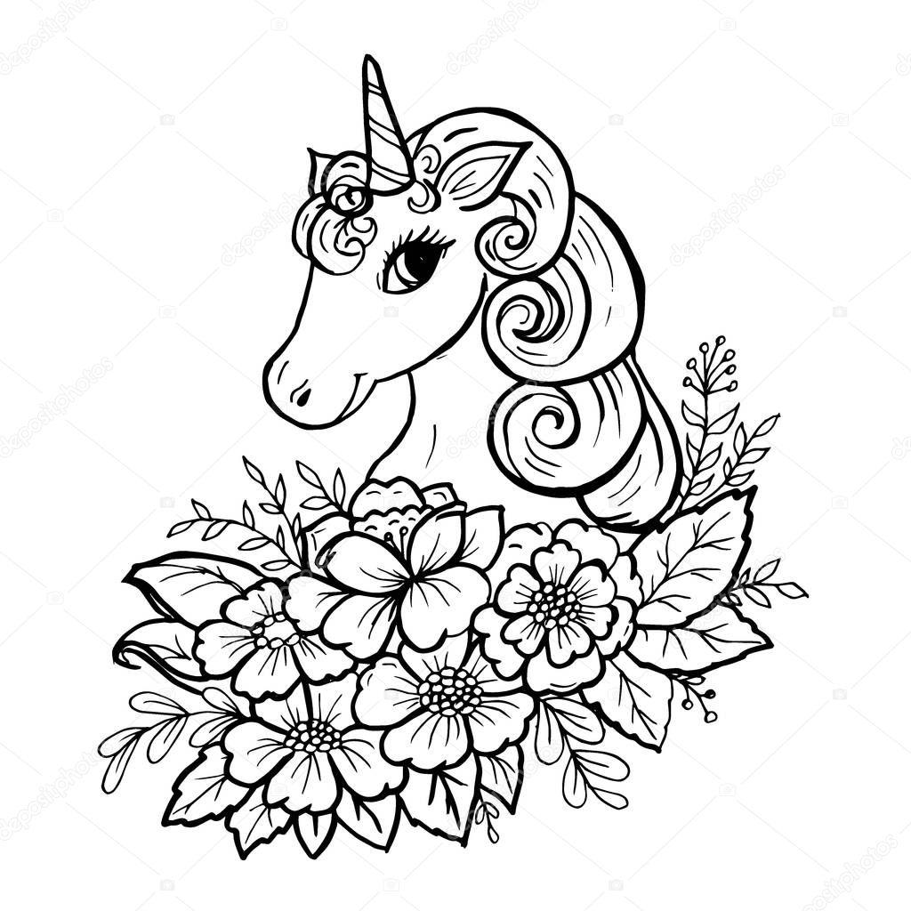 doodle cute unicorn head stock vector natka80 201885520
