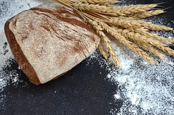 homemade Italian bread with wheat ears and scattered flour on a black background