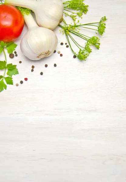 menu background, parsley leaves garlic and onion and dill pepper peas on wooden white background