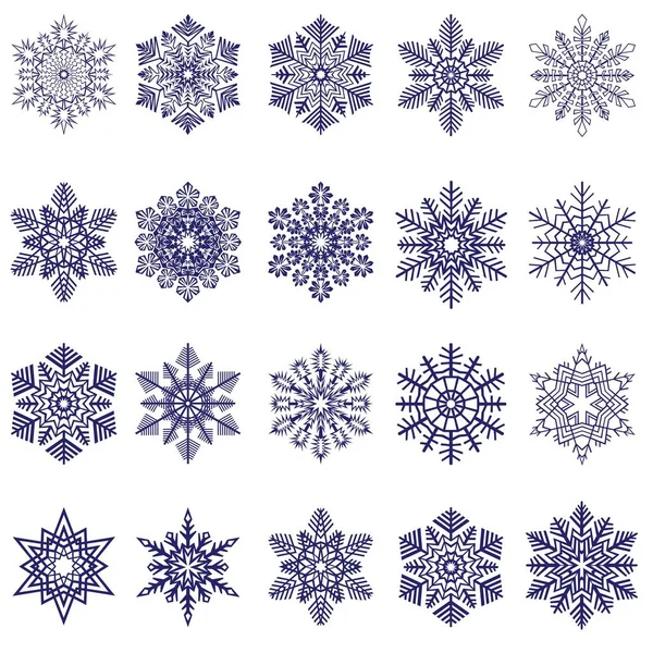 Snöflingor samling isolerade på mörk bakgrund. Flat line snow ikoner, snö flingor siluett. — Stock vektor