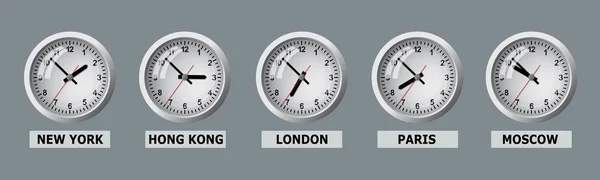 Una tabla que muestra la hora en diferentes ciudades del mundo . — Vector de stock