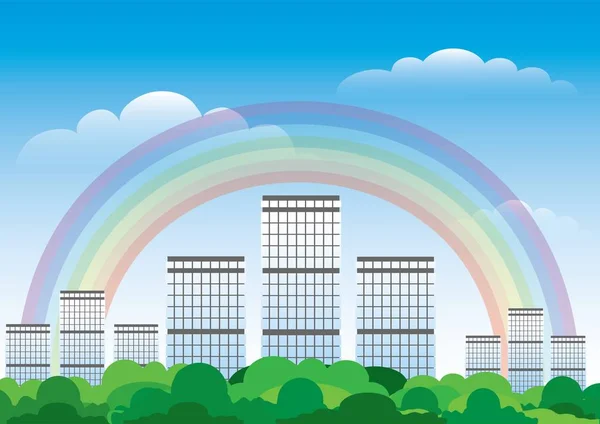 La ciudad, las casas modernas, el arco iris sobre ellas . — Vector de stock