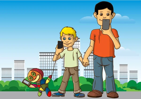 Akıllı telefonlar ve sosyal ağlar durmadan iki çocuğun yürüme. — Stok Vektör