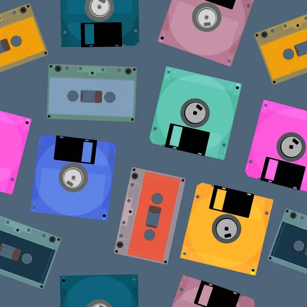 Eski ses kasetleri ve bilgisayar disketleri. — Stok Vektör