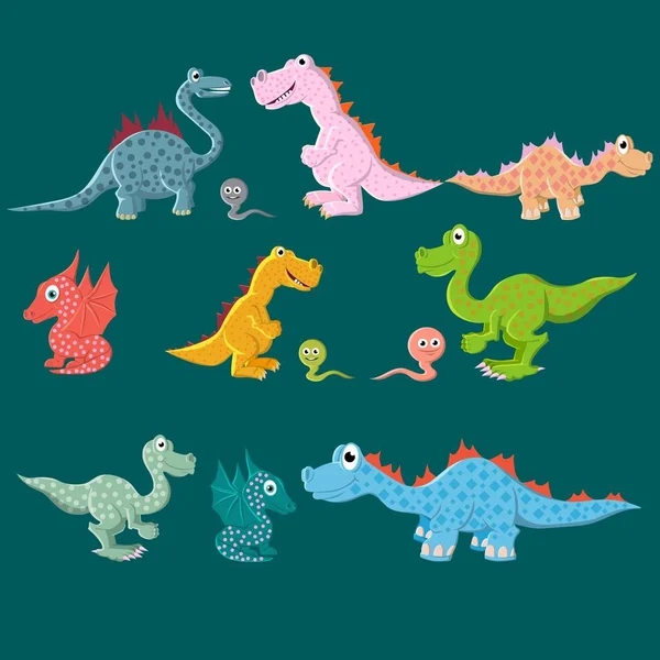 Uma variedade de dinossauros, carnívoros e herbívoros. Ilustração vetorial . — Vetor de Stock