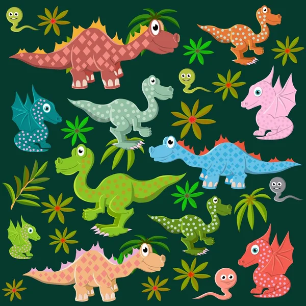 Dinosaurios coloridos en el fondo de un bosque prehistórico salvaje . — Archivo Imágenes Vectoriales