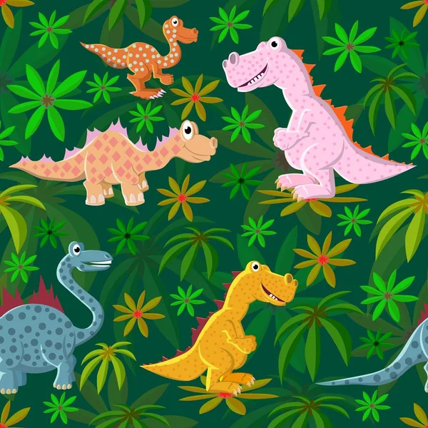 Dinosaures colorés sur le fond d'une forêt préhistorique sauvage . — Image vectorielle