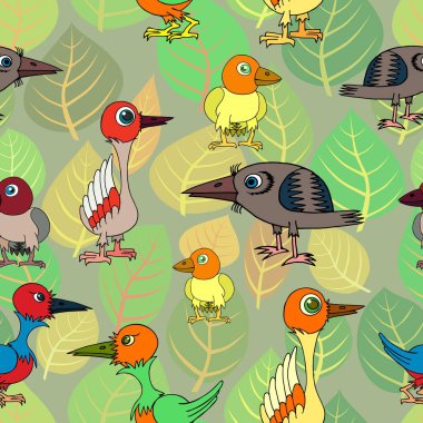 Yaprakların arka plan üzerinde garip kuşlar.