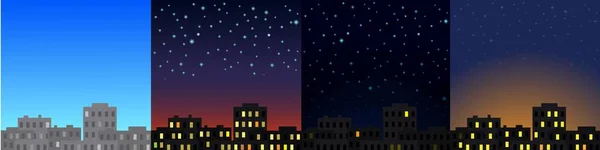 Mañana, tarde, noche y noche paisaje de la ciudad . — Vector de stock