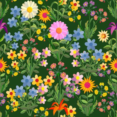 Çiçeksiz desen. Çiçekler ve yapraklar koyu bir arkaplanda.