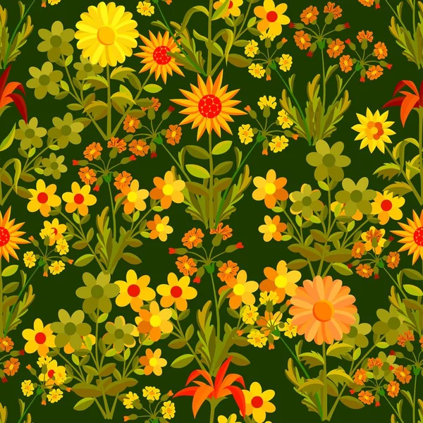 Floral seamless texture. Flowers and leaves on a dark background. — Stock Vector